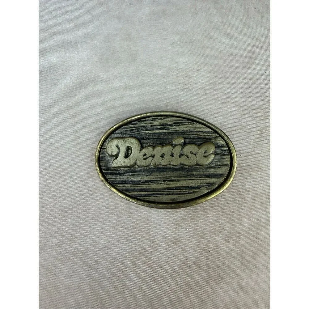 Vintage 1970s Denise Belt Buckle Gold Tone Groovy Lettering Mod MCM